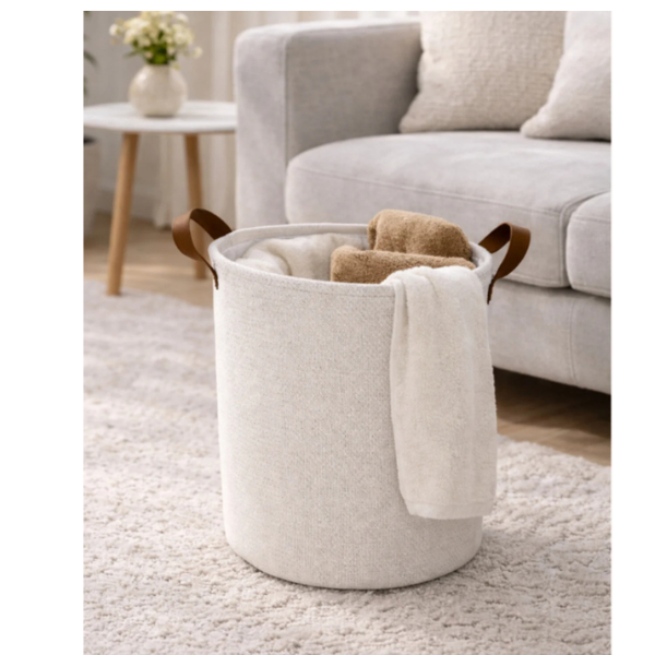 Cos de Rufe Textil cu maner maro, Pliabil, 35 x 40 cm - Premium - Crem
