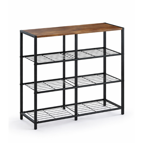 Raft pantofi metalic cu 4 polite si blat MDF, organizator incaltaminte, stil industrial, 63 x 30 x 63 cm - Negru Maro Rustic