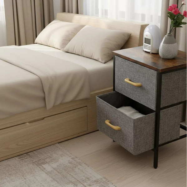 Noptiera 2 Etajere cu Sertare Textil, Lemn & Metal – 40x30x53.5 cm