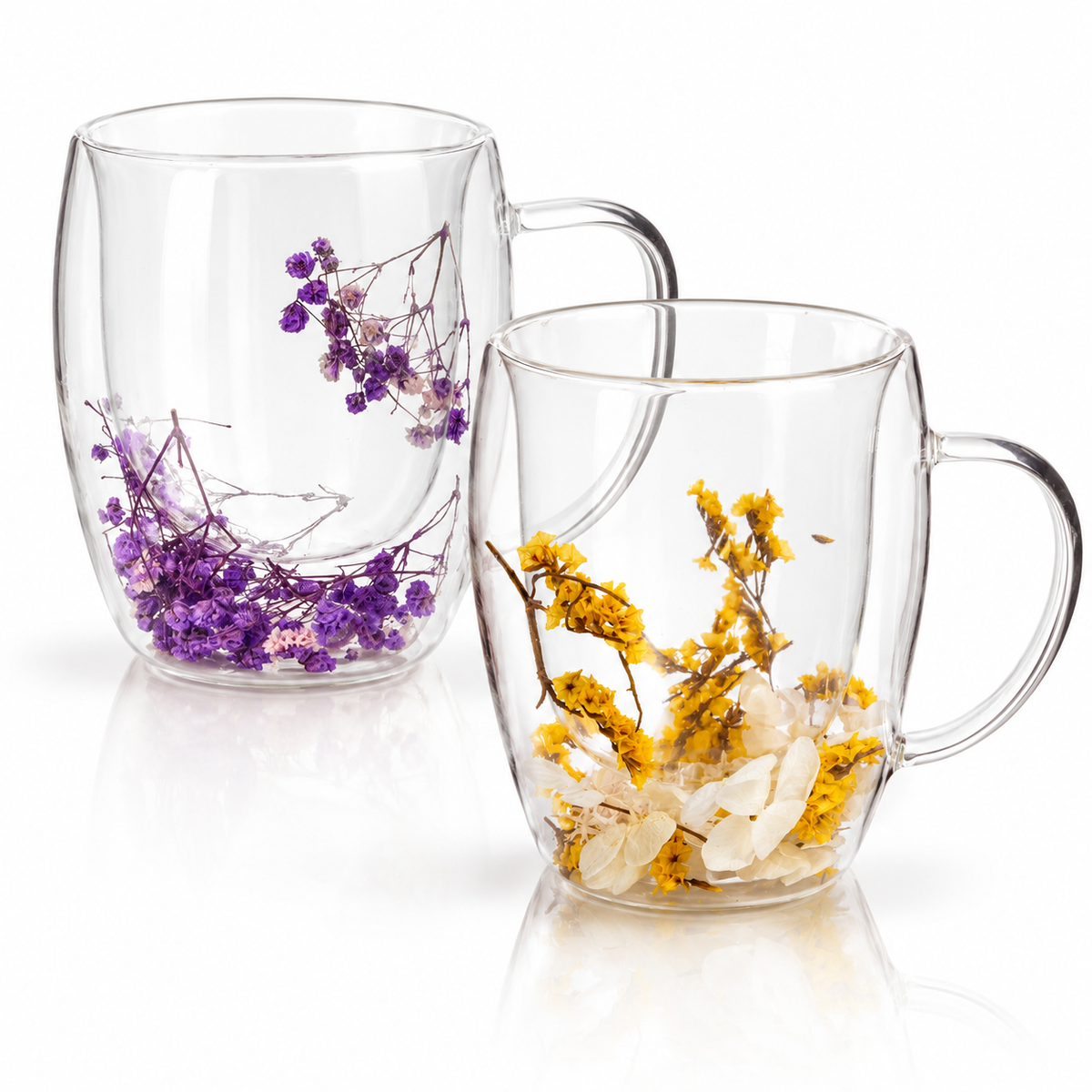 Set 2 Cani din Sticla cu Pereti Dubli, Zeina & Anna, Flori Uscate Naturale, 350 ml – Mov si Galben