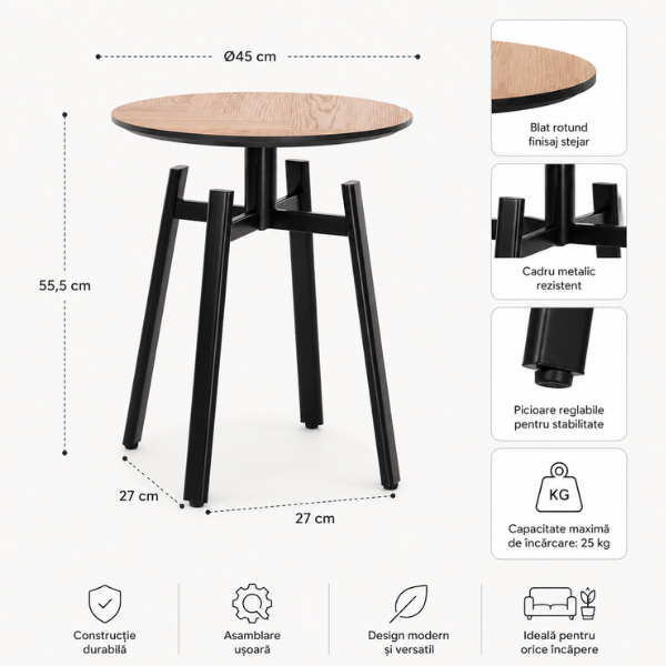 Masa de cafea rotunde din MDF cu baza metalica 50x50x53.5 cm - Premium