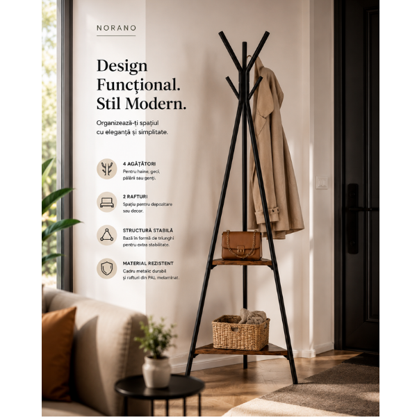 Cuier de haine din metal si lemn Gros – Cuier multifunctional modern pentru hol si dormitor, 180 x 49 cm - Calitate Premium