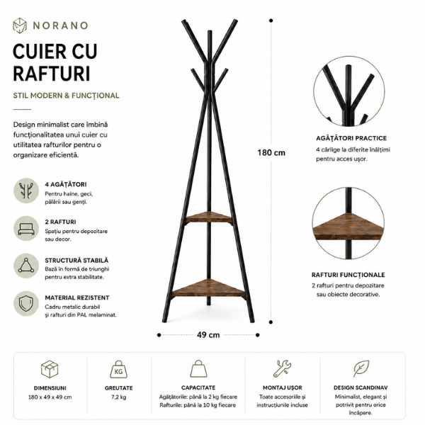 Cuier de haine din metal si lemn Gros – Cuier multifunctional modern pentru hol si dormitor, 180 x 49 cm - Calitate Premium