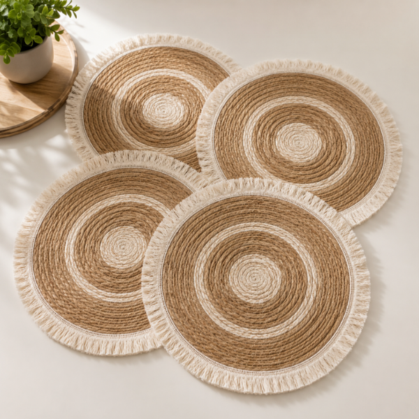 Set 4 Servete Decorative pentru Masa, Rotunde, Stil Scandinav – Boho, Natur cu Franjuri - 38 cm