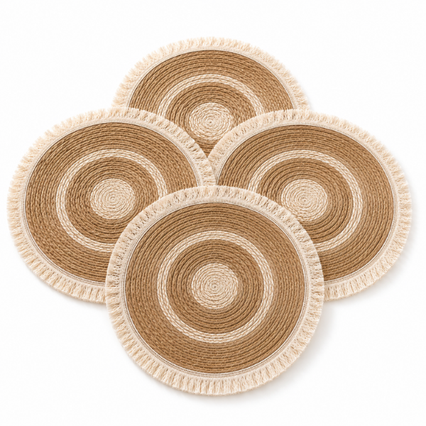 Set 4 Servete Decorative pentru Masa, Rotunde, Stil Scandinav – Boho, Natur cu Franjuri - 38 cm
