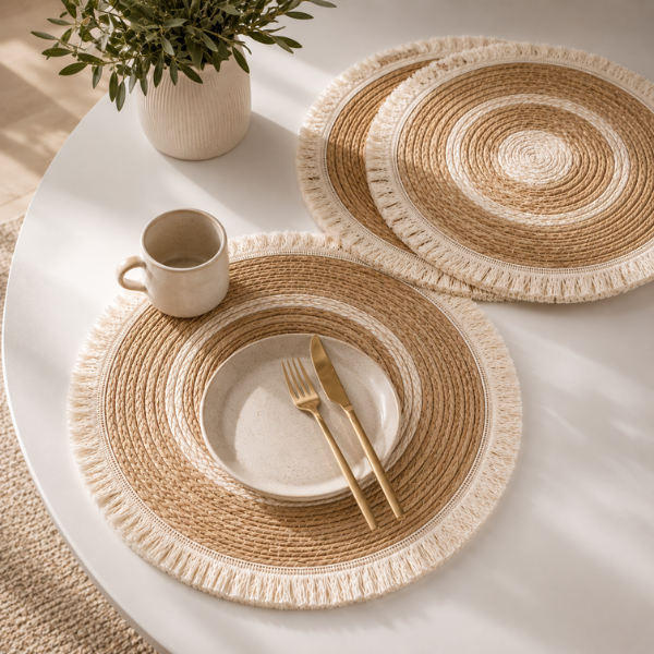 Set 4 Servete Decorative pentru Masa, Rotunde, Stil Scandinav – Boho, Natur cu Franjuri - 38 cm