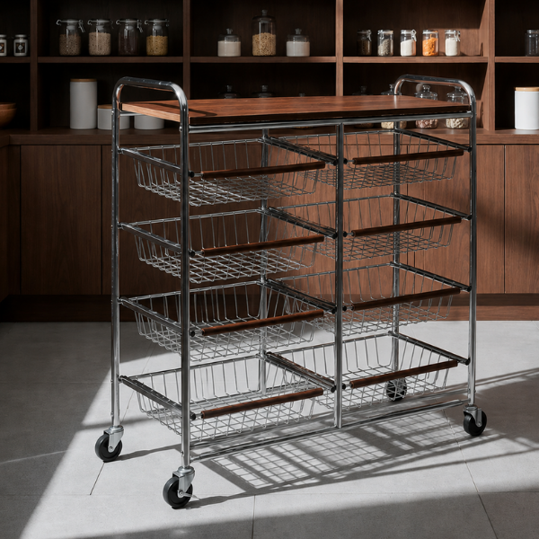 Raft dublu de Depozitare, si Blat din Lemn cu Roti - Organizator Premium