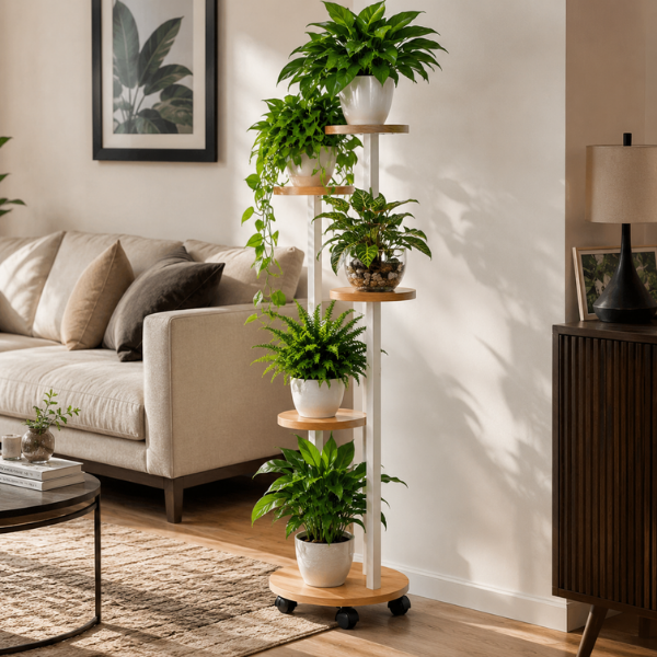 Suport inalt pentru plante cu 5 niveluri si roti, Raft colt pentru flori, interior/exterior