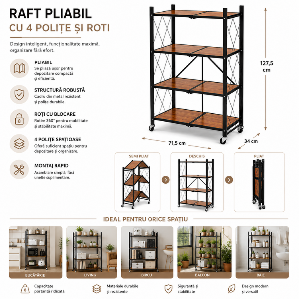 Raft Metalic Pliabil cu 4 Polite si Roti, Design Industrial Premium, 127,5 x 71,5 x 34 cm