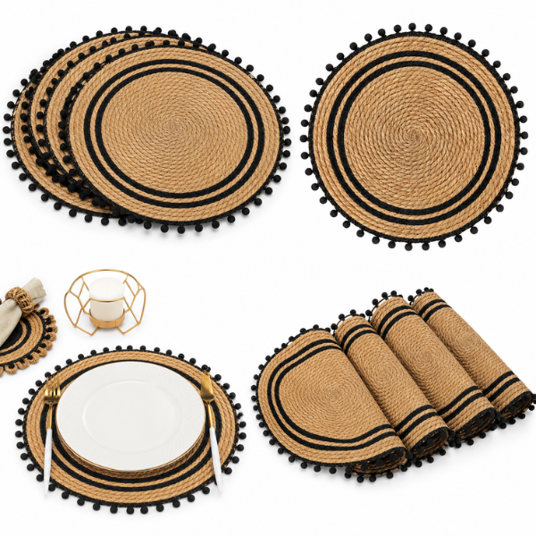 Set 4 Servete de Masa Boho Rotunde, Fiber Naturale cu Detalii Negre si Ciucuri - 38 cm