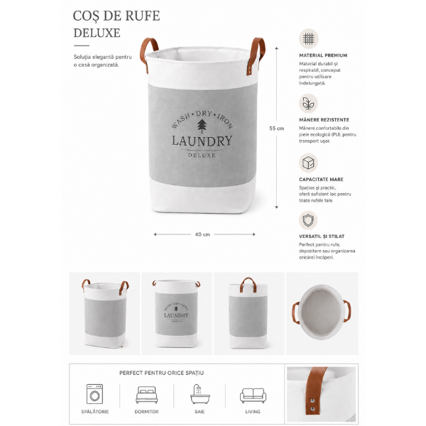 Cos de rufe pliabil Laundry Deluxe din material textil, manere din piele - 35 x 55 cm