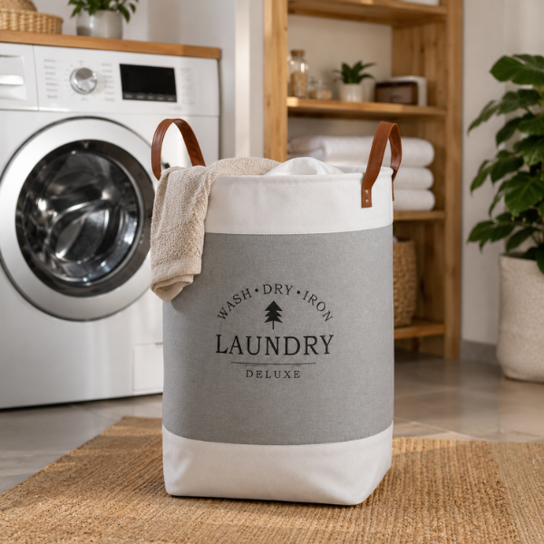 Cos de rufe pliabil Laundry Deluxe din material textil, manere din piele - 35 x 55 cm
