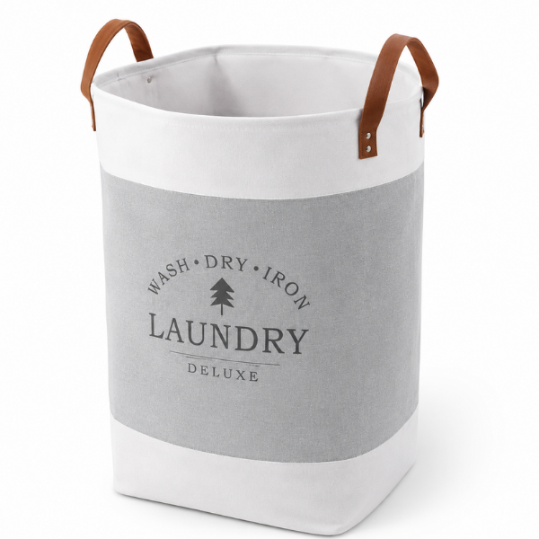Cos de rufe pliabil Laundry Deluxe din material textil, manere din piele - 35 x 55 cm