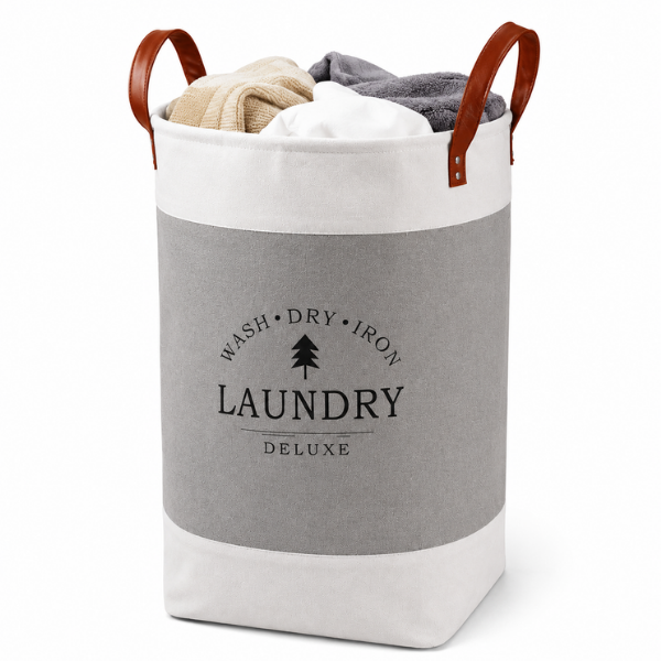 Cos de rufe pliabil Laundry Deluxe din material textil, manere din piele - 35 x 55 cm