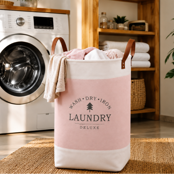 Cos de rufe pliabil Laundry Deluxe din material textil, manere din piele - 35 x 55 cm