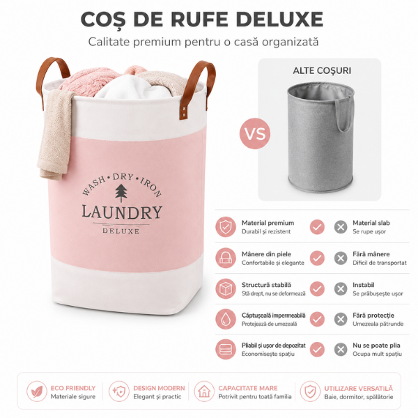 Cos de rufe pliabil Laundry Deluxe din material textil, manere din piele - 35 x 55 cm