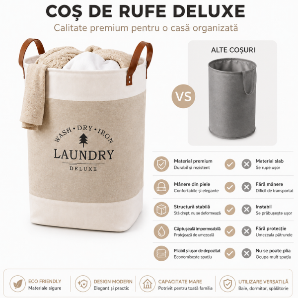 Cos de rufe pliabil Laundry Deluxe din material textil, manere din piele - 35 x 55 cm