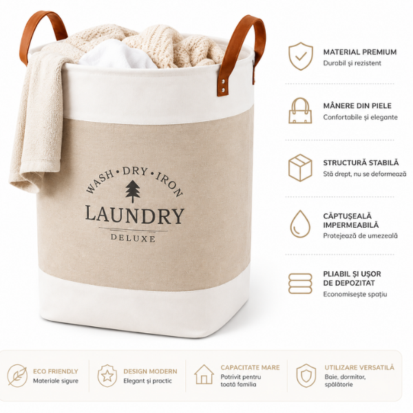 Cos de rufe pliabil Laundry Deluxe din material textil, manere din piele - 35 x 55 cm