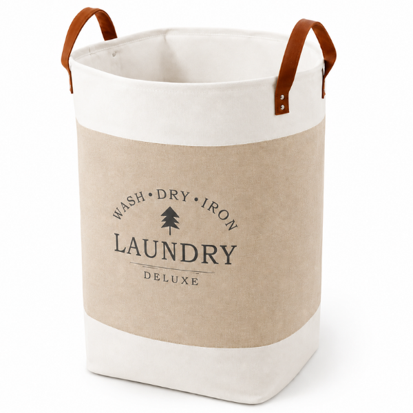 Cos de rufe pliabil Laundry Deluxe din material textil, manere din piele - 35 x 55 cm