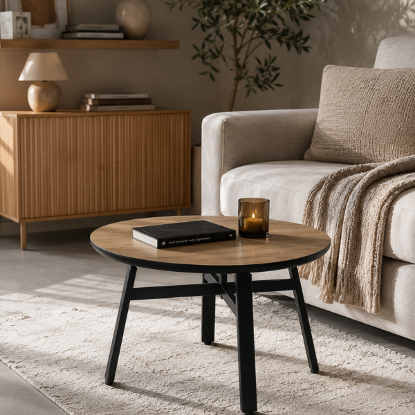 Masa de Cafea Rotunda Premium, Blat MDF Aspect Stejar si Baza Metalica, 80x80x45 cm