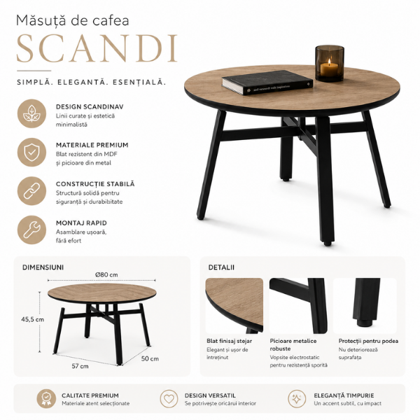 Masa de Cafea Rotunda Premium, Blat MDF Aspect Stejar si Baza Metalica, 80x80x45 cm