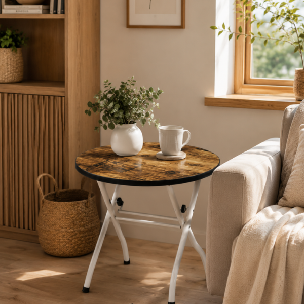 Masa Pliabila Rotunda, Blat Design Vintage, Picioare Metalice Albe