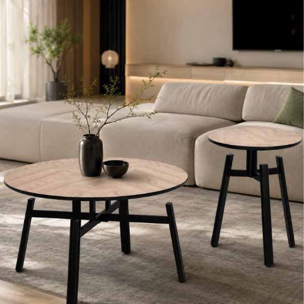 Set 2 Mese de cafea rotunde din MDF cu baza metalica, 80x80x45 cm/ 50x50x53.5 cm - Premium