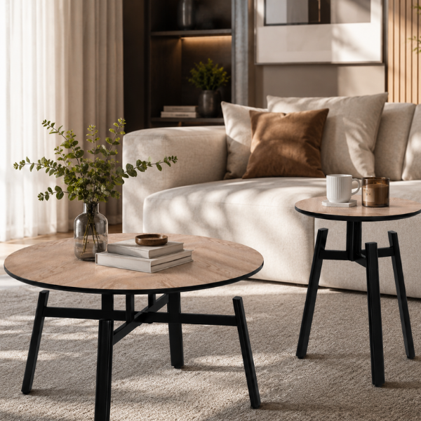 Set 2 Mese de cafea rotunde din MDF cu baza metalica, 80x80x45 cm/ 50x50x53.5 cm - Premium