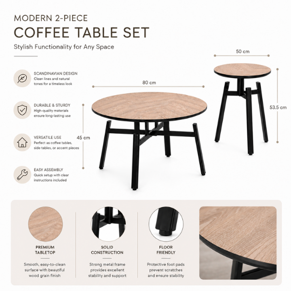 Set 2 Mese de cafea rotunde din MDF cu baza metalica, 80x80x45 cm/ 50x50x53.5 cm - Premium