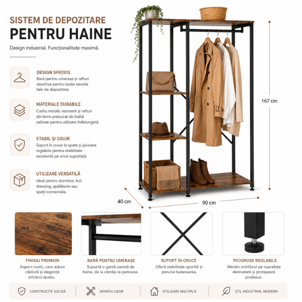 Suport Haine Metalic, Dressing & Hol, Negru/ Maro - 167x40x90 cm - Premium