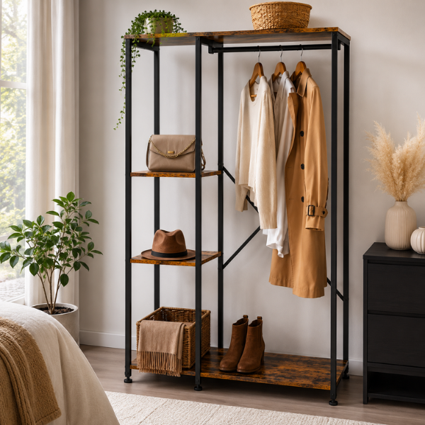 Suport Haine Metalic, Dressing & Hol, Negru/ Maro - 167x40x90 cm - Premium