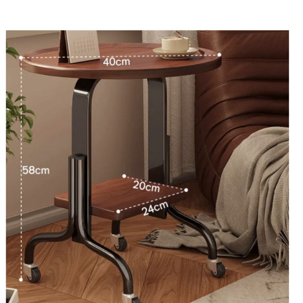 Masa laterala rotunda pentru living cu roti, finisaj Nuc, Noptiera multifunctionala 40x40x56 cm