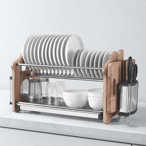 Suport vase din metal si lemn, uscator modern, 73 x 29 x 36 cm - Argintiu