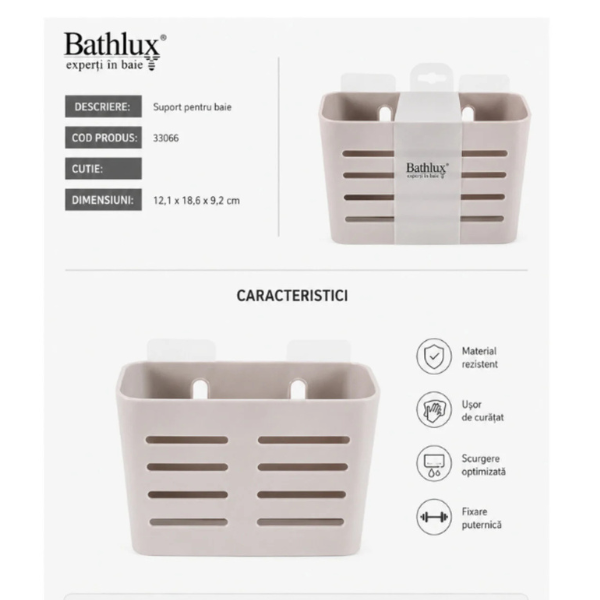 Suport organizator pentru baie Bathlux, autoadeziv, 12x18.5x9 cm