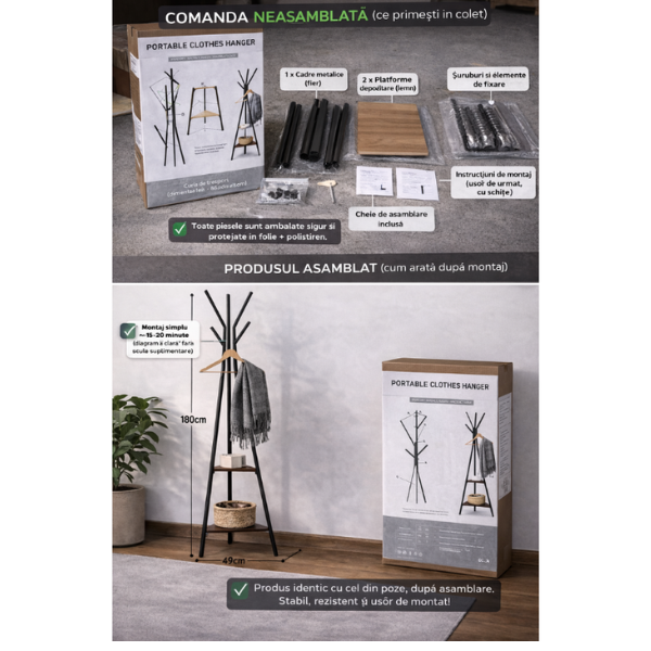 Cuier de haine din metal si lemn Gros – Cuier multifunctional modern pentru hol si dormitor, 180 x 49 cm - Calitate Premium