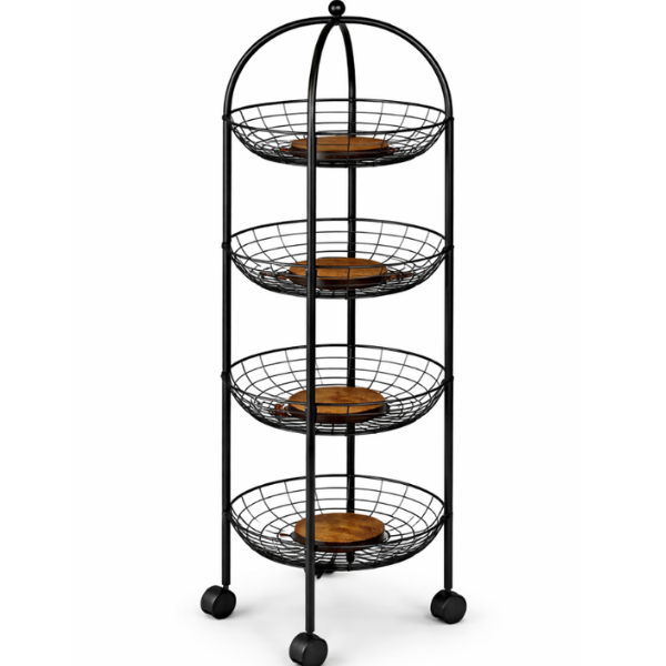 Raft depozitare pentru fructe si legume, 4 etaje, Metalic, cu accent din lemn, 95x30 - Negru