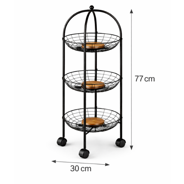 Raft depozitare pentru fructe si legume, 3 etaje, Metalic, cu accent din lemn, 77 x 30 - Negru
