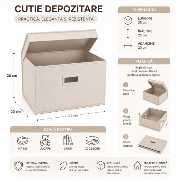 Cutie de depozitare textila, organizator multifunctional, 35 x 26 x 20 cm - Premium