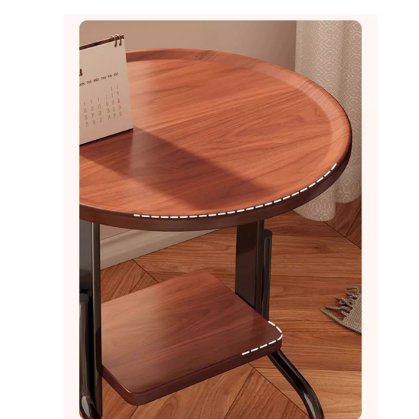 Masa laterala rotunda pentru living cu roti, finisaj Nuc, Noptiera multifunctionala 40x40x56 cm