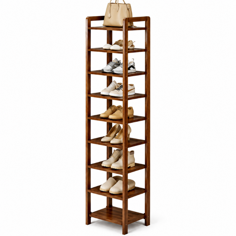 Organizator pantofi ingust din lemn Sheesham, 7 niveluri, suport pantofi vertical, dulap pantofi compact pentru hol, maro, economisire spati