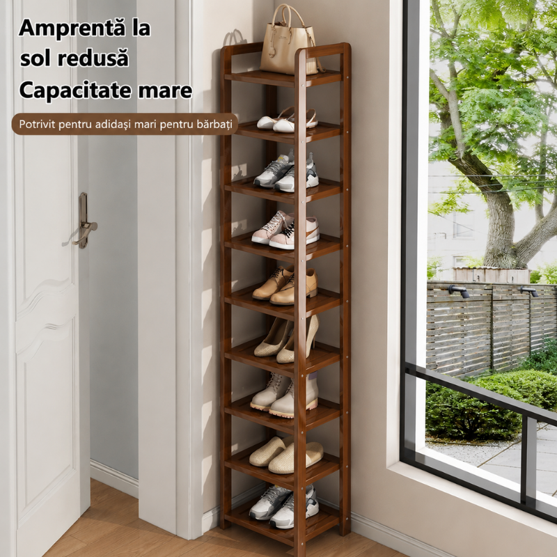 Organizator pantofi ingust din lemn Sheesham, 7 niveluri, suport pantofi vertical, dulap pantofi compact pentru hol, maro, economisire spati