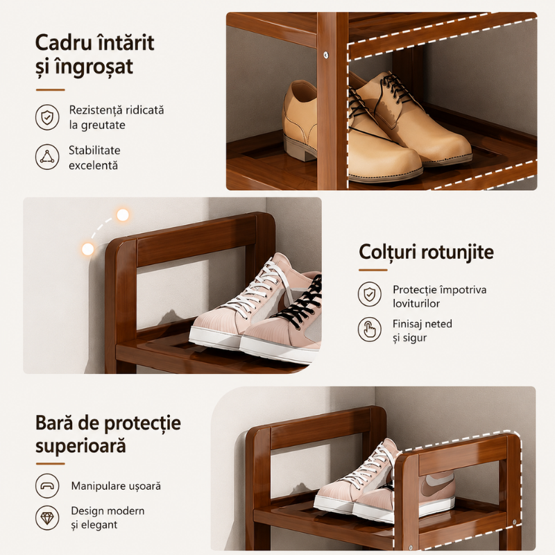 Organizator pantofi ingust din lemn Sheesham, 7 niveluri, suport pantofi vertical, dulap pantofi compact pentru hol, maro, economisire spati