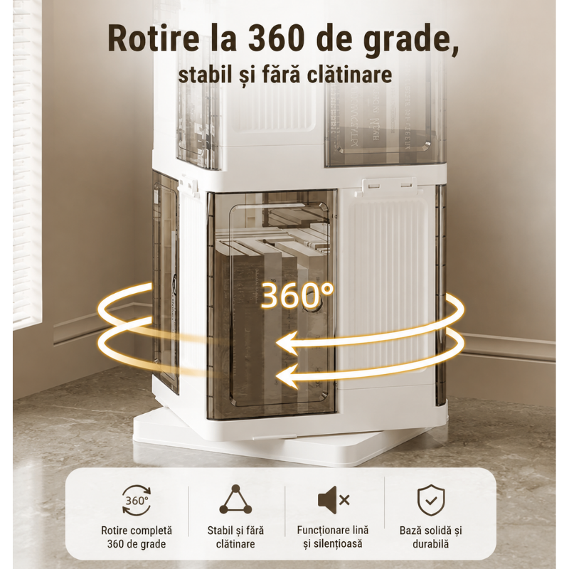 Raft rotativ 360°, biblioteca, 3 niveluri, Usa magnetica, Alb/Transparent - 37 x 37 x 108 cm