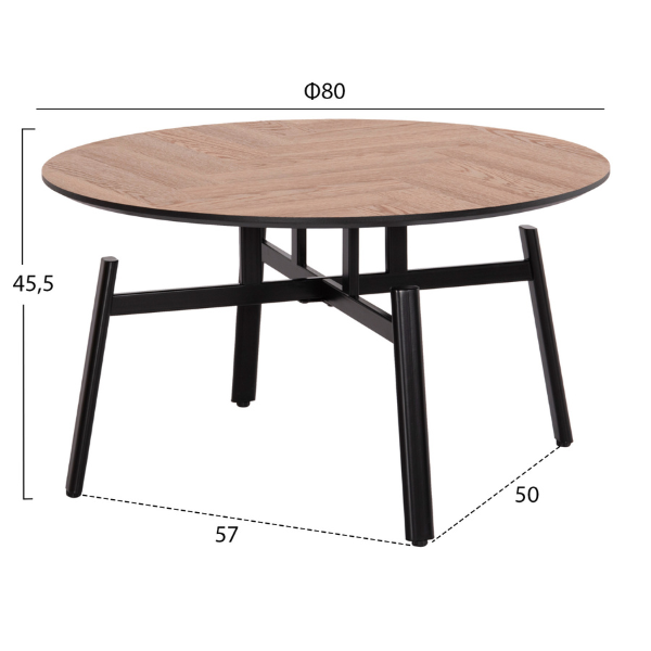 Masa de Cafea Rotunda Premium, Blat MDF Aspect Stejar si Baza Metalica, 80x80x45 cm