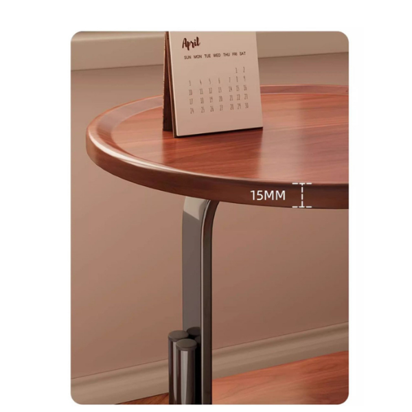 Masa laterala rotunda pentru living cu roti, finisaj Nuc, Noptiera multifunctionala 40x40x56 cm