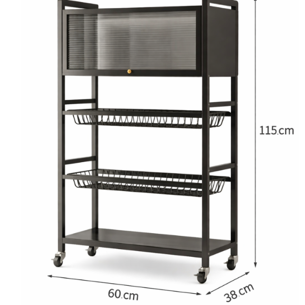 Raft Depozitare Multifunctional cu Roti, 5 Niveluri, Usa Glisanta Fumurie, Cadru din Otel Carbon, 80 x 125 x 30 cm – Negru Premium