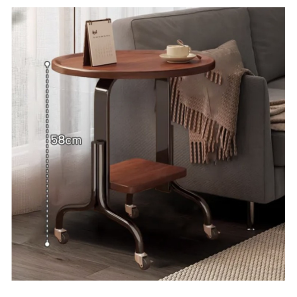 Masa laterala rotunda pentru living cu roti, finisaj Nuc, Noptiera multifunctionala 40x40x56 cm
