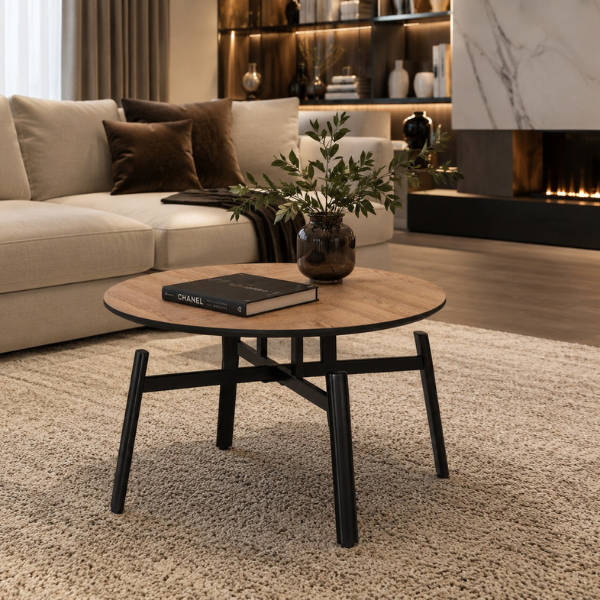 Masa de Cafea Rotunda Premium, Blat MDF Aspect Stejar si Baza Metalica, 80x80x45 cm