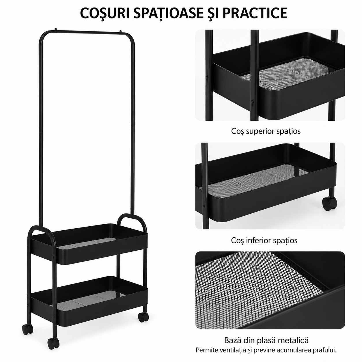 Suport haine metalic cu roti, organizator haine cu 2 cosuri, 160x57x31 cm, Negru - Premium