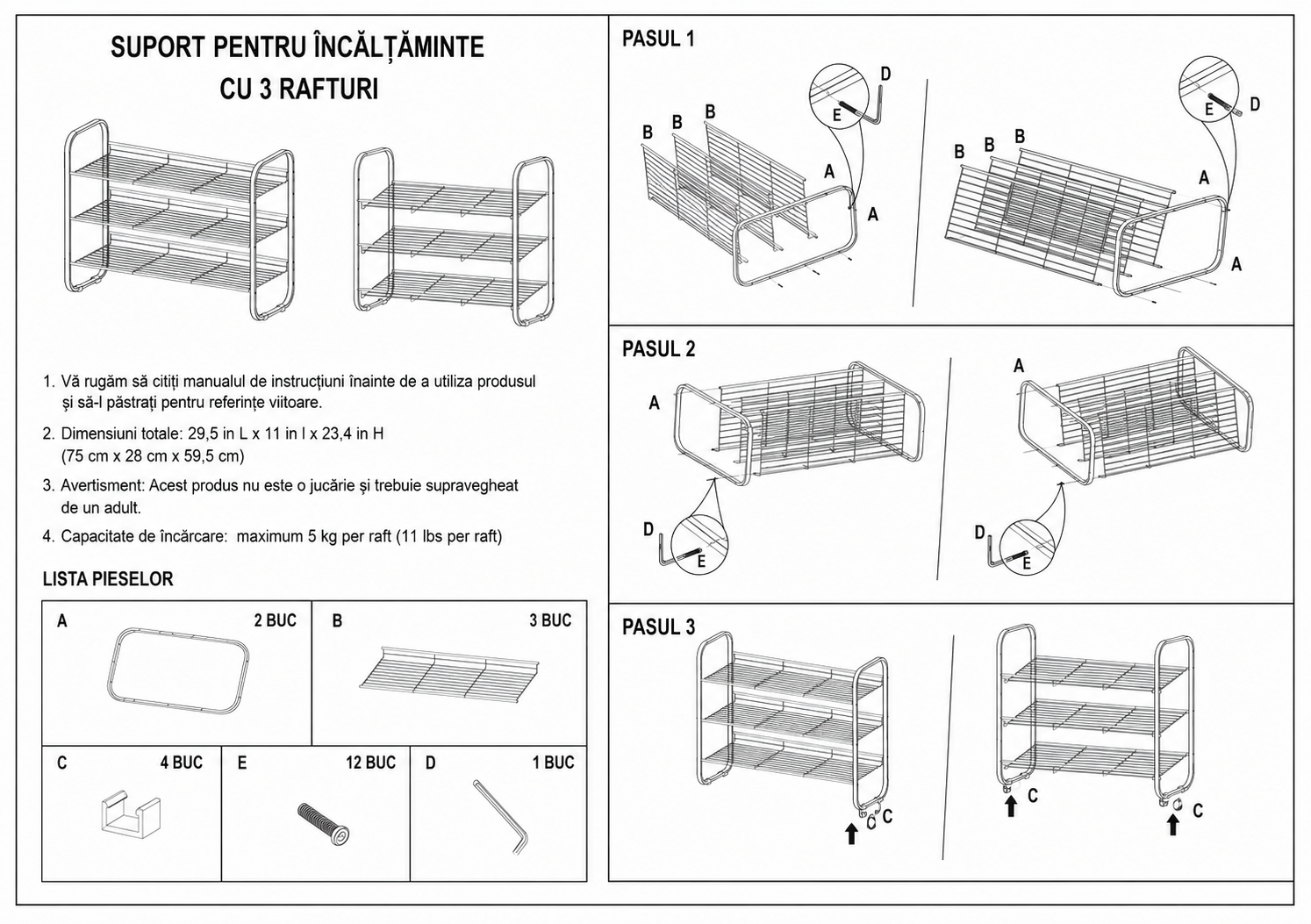 Raft incaltaminte metalic 3 niveluri, organizator pantofi, 75x28x59 cm, Negru, Calitate Premium